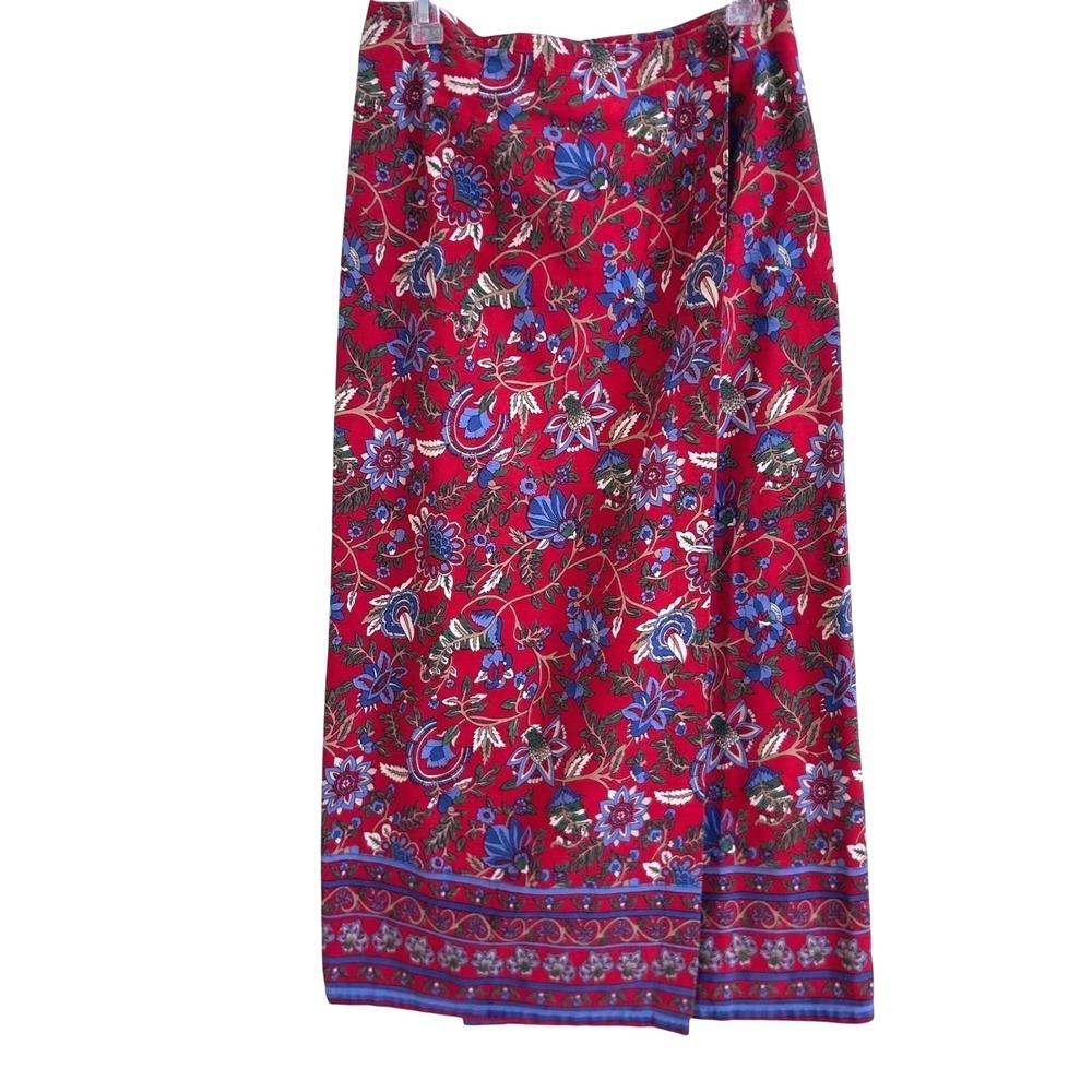Sun River Clothing Co Red Floral Cotton Maxi Wrap Skirt Womens Large Boho Border